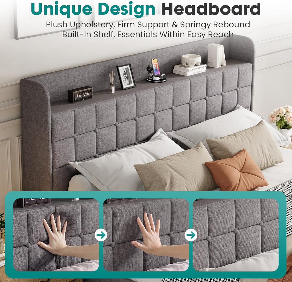 DUMOS Queen Bed Frame, Upholstered Platform Bed Frame with Storage Drawers