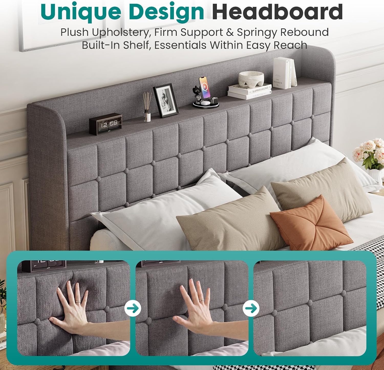 DUMOS Queen Bed Frame, Upholstered Platform Bed Frame with Storage Drawers