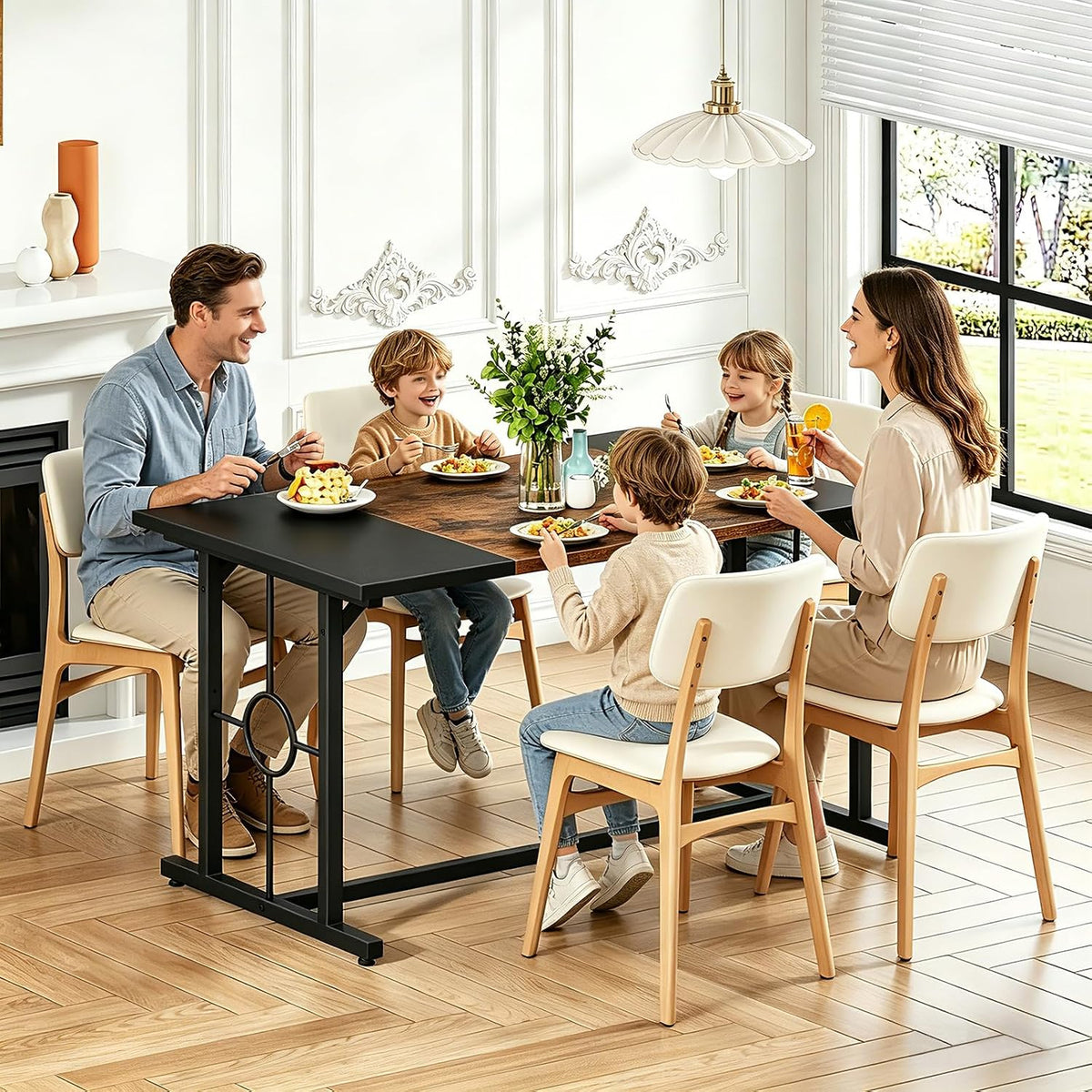 HOOBRO Dining Table, Wooden Kitchen Table for 4-6, Rectangular Dining Room Table with Sturdy Metal Legs, Long Dinner Tables with Large Tabletop for Living Room Kitchen, Rustic Brown and Black BF20CZ01