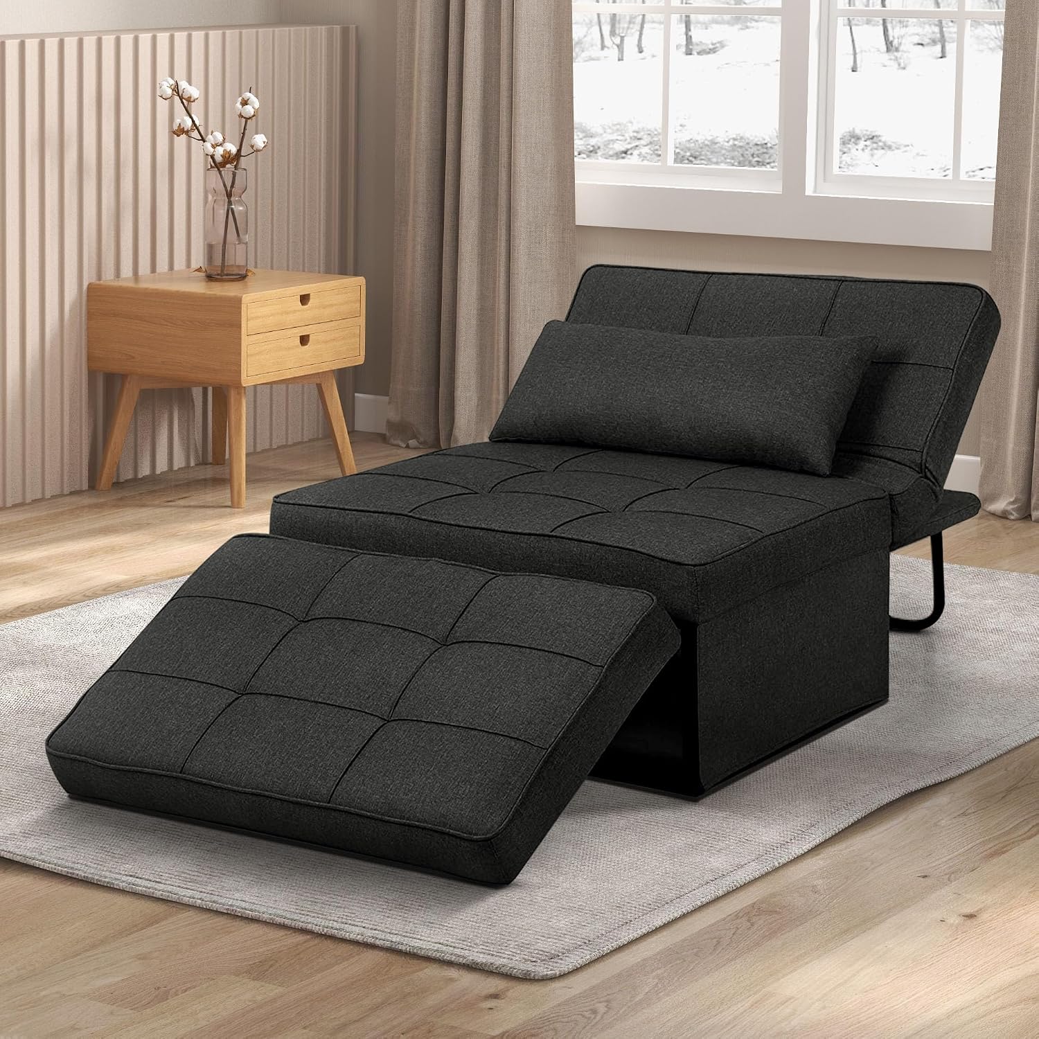 Ainfox Convertible Sofa Bed, 4 in 1 Multi-Function Folding Ottoman Bed with Adjustable Backrest, Modern Futon Couch No Assembly for Living Room Apartment Office Small Space (Black)