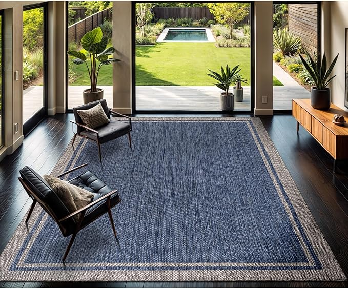 CAMILSON Outdoor Rug, 8x10 Bordered Navy Blue Gray Modern Area Rugs for Indoor and Outdoor Patios, Porches Waterproof Washable Porch Deck Outside Carpet (Bordered Navy, 8 x 10)