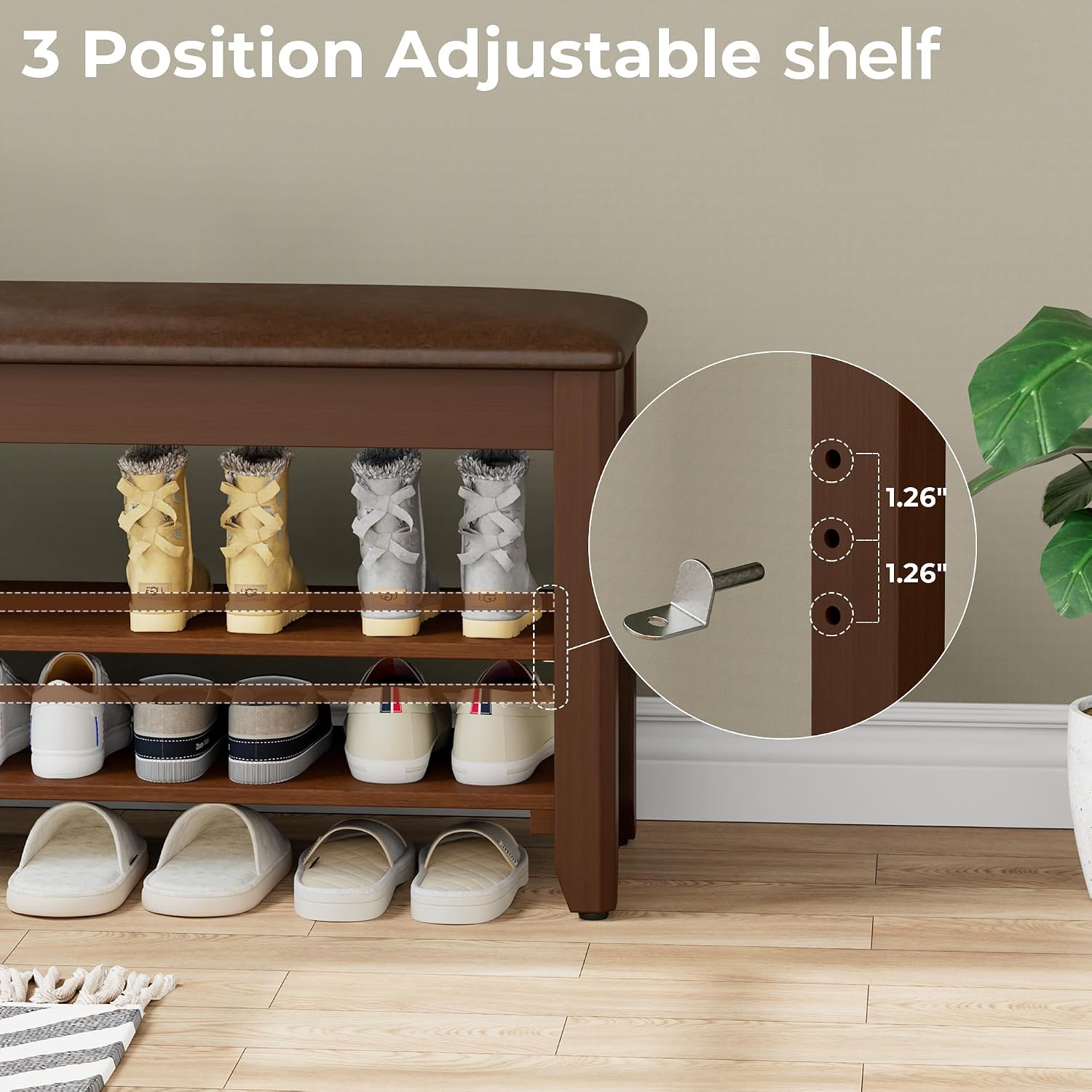 Homleke 39.4" Wide Solid Wood Shoe Rack Bench with Flip-Top Storage | 2-Tier Entryway Bench with Cushion, Adjustable Shelf, Holds Up to 10 Pairs, for Hallway, Bedroom and Closet, Walnut
