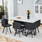 Merax 7-Piece Dining Set with Faux Marble Table, PU Upholstered Chairs, Space-Saving Kitchen Table for Dining Room/Breakfast Nook/Small Spaces, White+Black