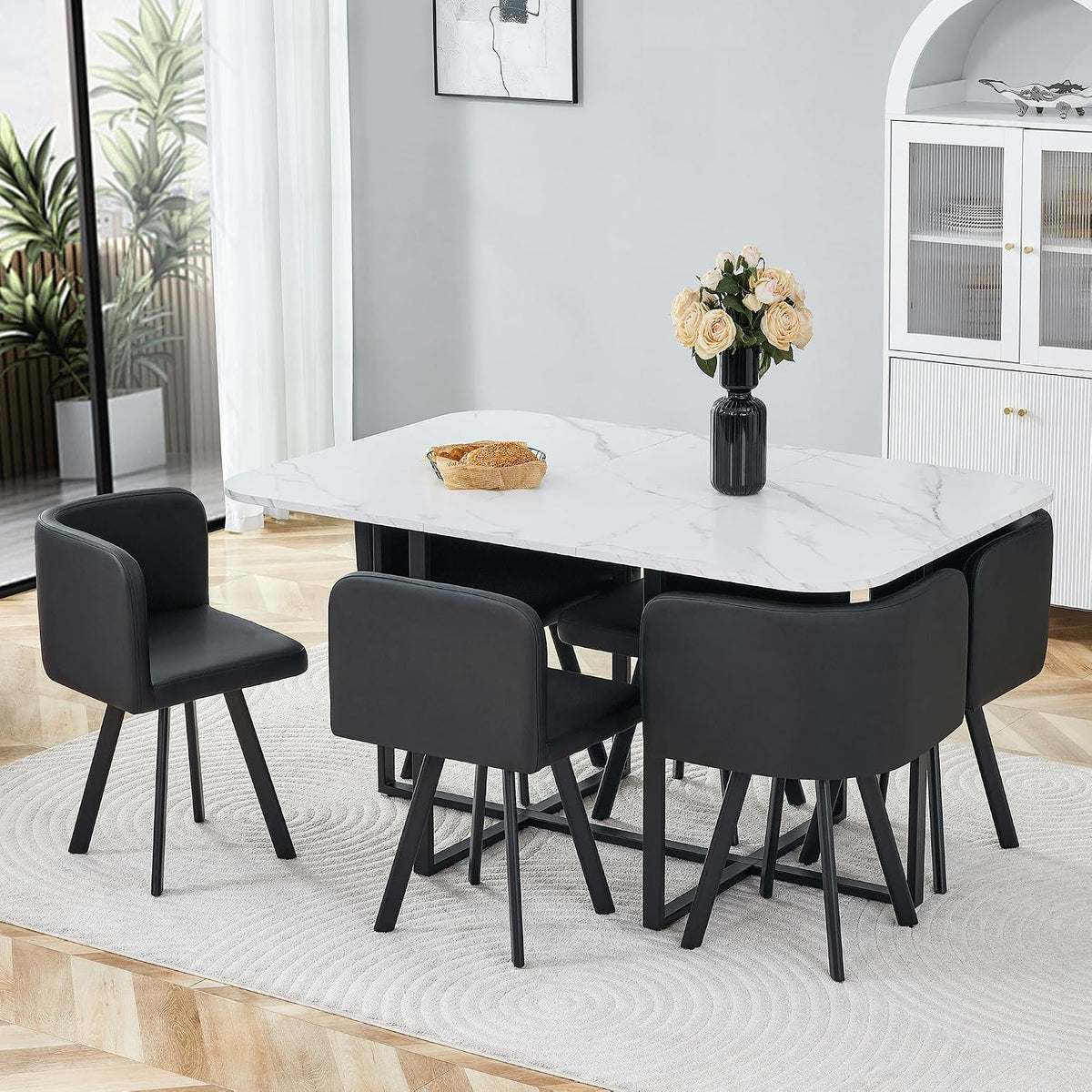 Merax 7-Piece Dining Set with Faux Marble Table, PU Upholstered Chairs, Space-Saving Kitchen Table for Dining Room/Breakfast Nook/Small Spaces, White+Black