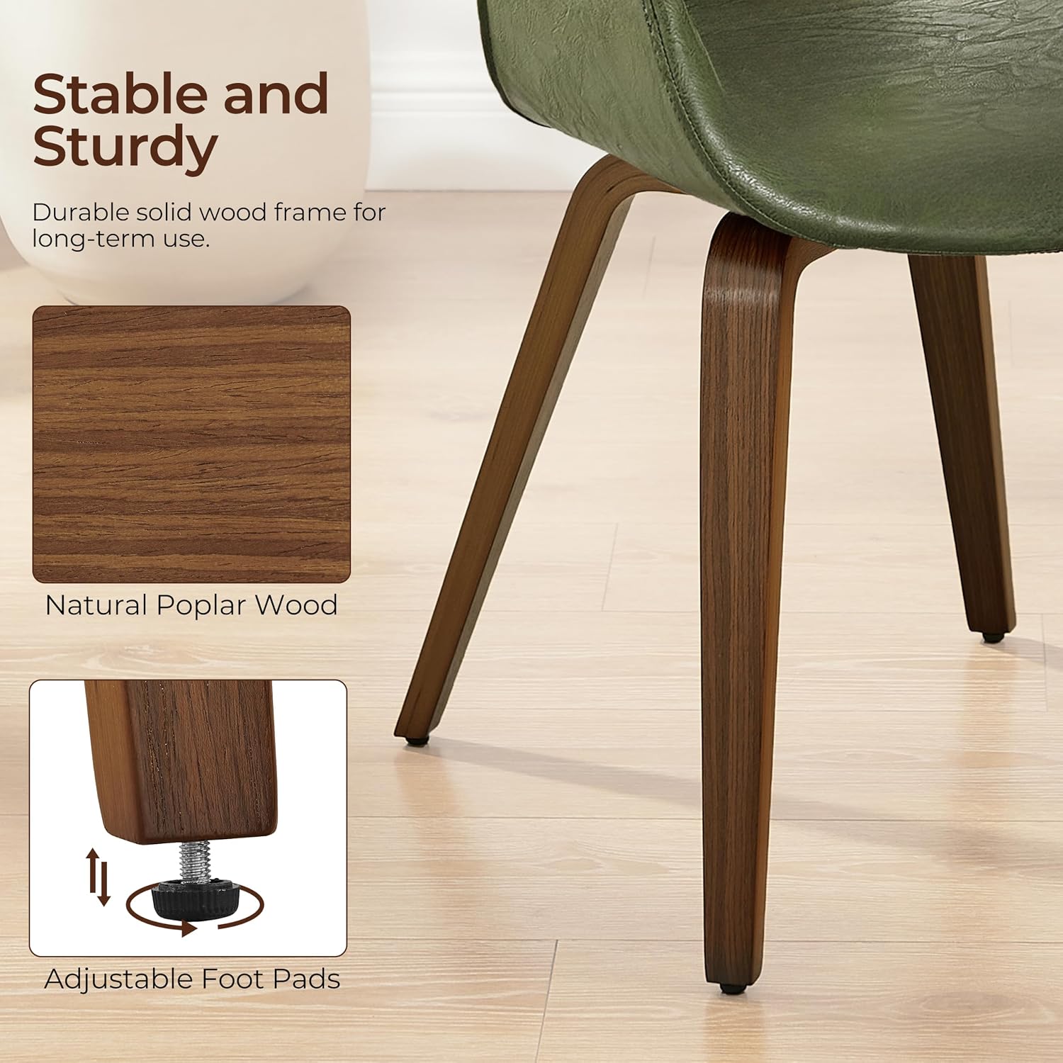 Zouron Mid Century Modern Dining Chair, Faux Leather Armchair with Wooden Legs, Padded Upholstery Accent Desk Chair No Wheels for Living Room Kitchen, Green