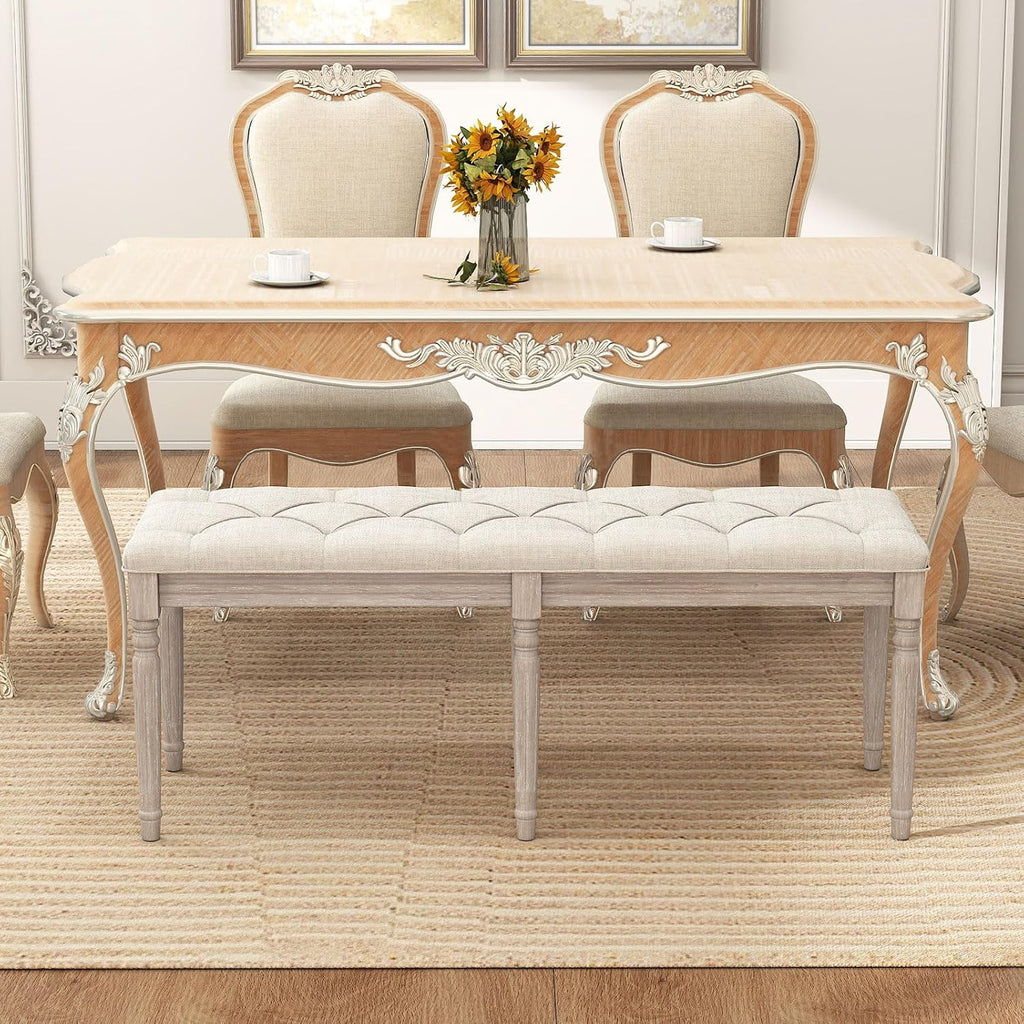 GOFLAME 47.5” Upholstered Bedroom Bench, French Tufted End of Bed Bench with Antiqued Legs, Rubber Wood Frame, Farmhouse Entryway Bench with Cushion, Dining Bench for Bedroom, Living Room, Hallway