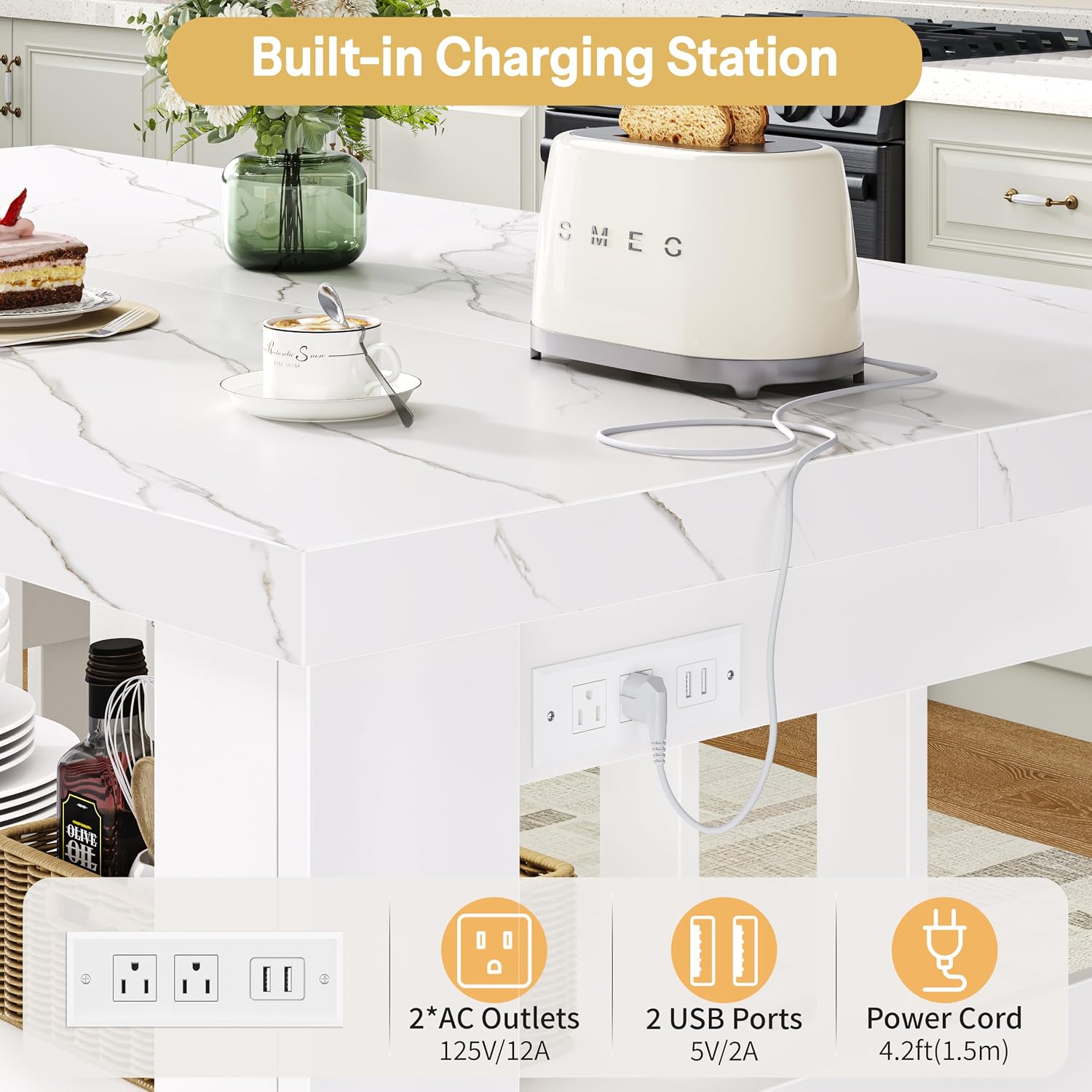 DynJest Kitchen Island with Storage, 55 Inch Large Faux Marble Prep Worktop | Kitchen Island with Power Outlet &3-Tier Shelves, Rest Area, Coffee Bar Cabinet With Wide Legs for Kitchen Dining Room, White