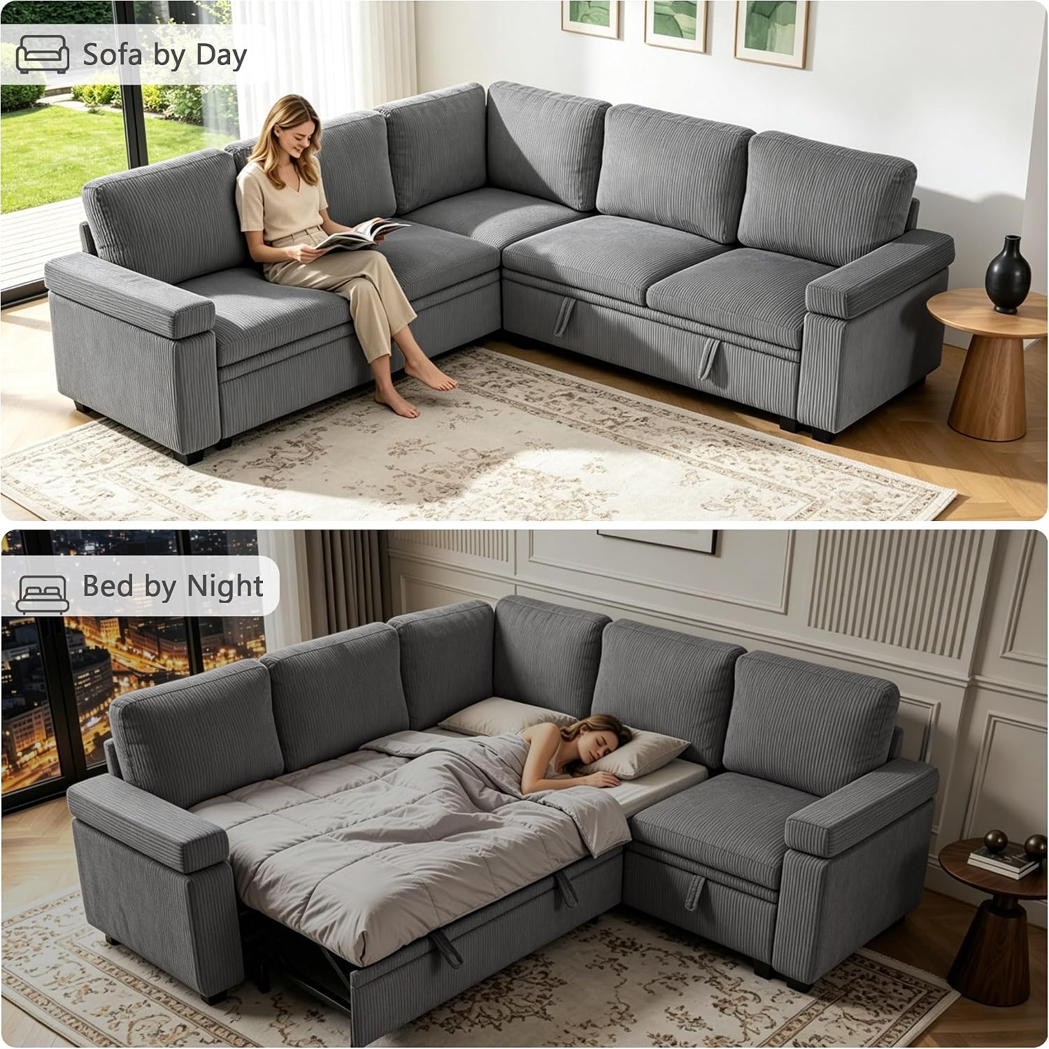 86 Inch L Shaped Sectional Sleeper Sofa with Storage, Sectional Modular Couch with Pull Out Bed, 5 Seats Chenille Cloud Couches for Living Room, Small Sofa Bed for Apartment, Office (Gray, 5-seat)
