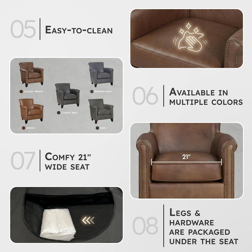 Lexicon Top Grain Genuine Leather Chair, Rolled Armrest, Classic Brown | Living Room Leather Accent Chair, Solid Wood Frame, Nailhead Trim, Comfy Reading Chair for Bedroom, Office