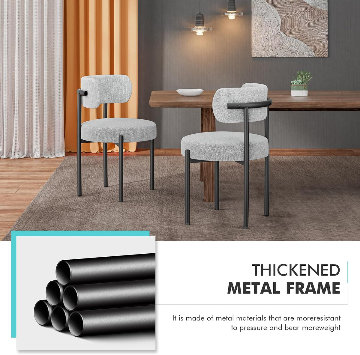 PatioPerk Boucle Dining Chairs Set of 6, Light Gray Mid Century Morden Chair with Curved Backrest, Round Upholstered Sherpa with Metal Legs, Suitable for Various Kitchen Styles