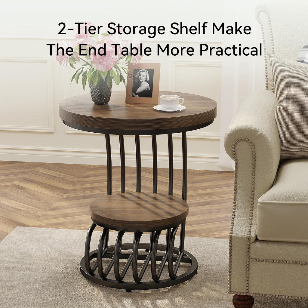 LITTLE TREE Round Side Table, Wood End Table with 2-Tier Storage Shelf, Accent Coffee Table, Curved Metal Frame End Table for Small Spaces, Living Room, Bedroom, Light Brown + Black
