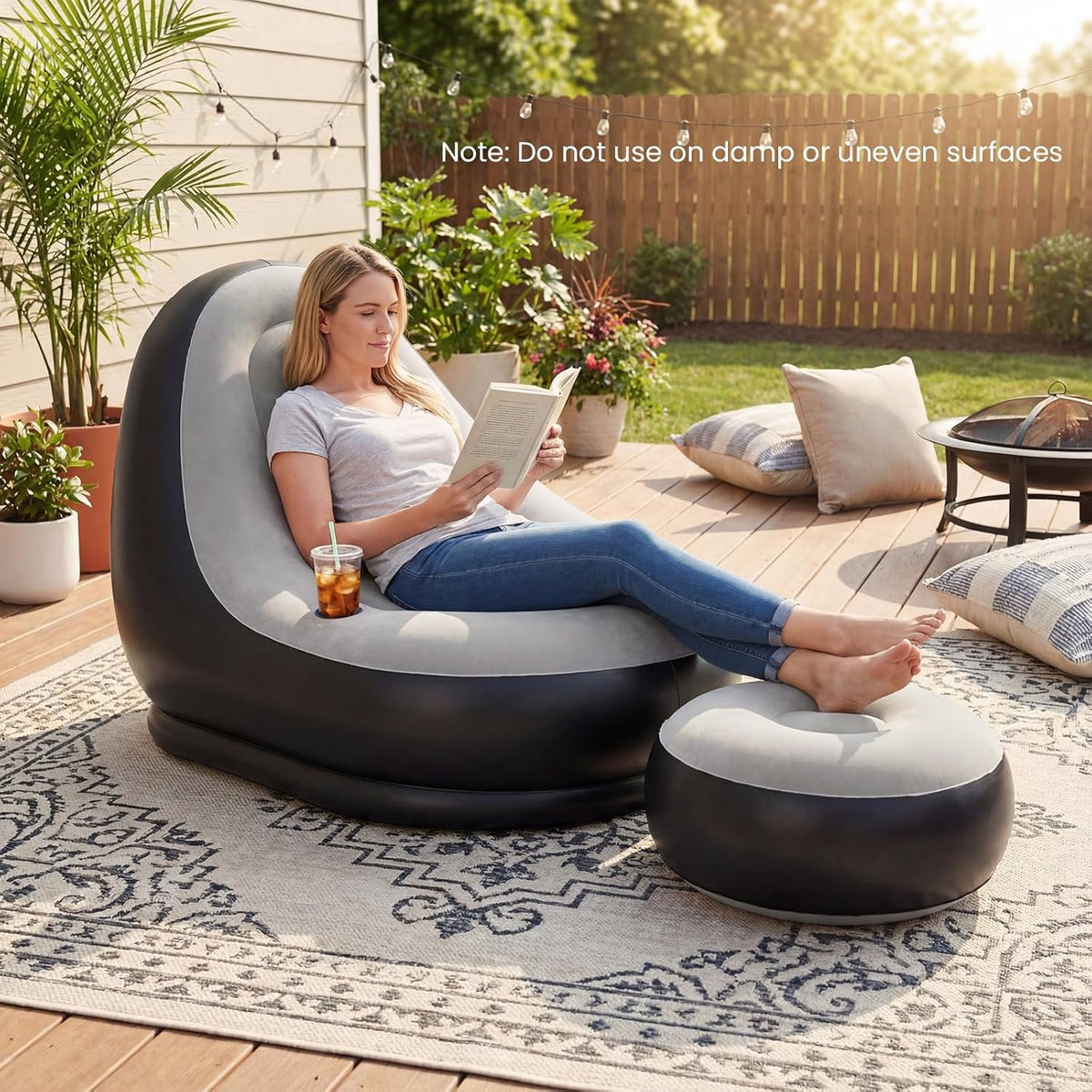 DORTALA Inflatable Chair with Ottoman, Portable Blow Up Single Air Sofa with Footstool, Cup Holder and Repair Patches, Indoor Outdoor Air-Filled Chair for Camping, Gaming