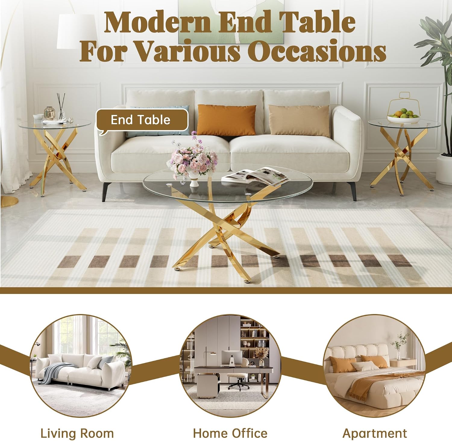 Round Glass End Table with Clear Tempered Glass Top & Cross Stainless Steel Legs, Modern 23.6" Circle Side Table for Living Room, Bedroom, Apartment, Easy to Clean, Gold