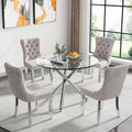 36" Luxury Silver Glass Dining Room Table Set for 4, 5-Piece Round Kitchen Dining Table Set with Cross Metal Legs and 4 Beige Velvet Upholstered Chairs, Glass Kitchen Table and Chairs Set