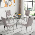 36" Luxury Silver Glass Dining Room Table Set for 4, 5-Piece Round Kitchen Dining Table Set with Cross Metal Legs and 4 Beige Velvet Upholstered Chairs, Glass Kitchen Table and Chairs Set