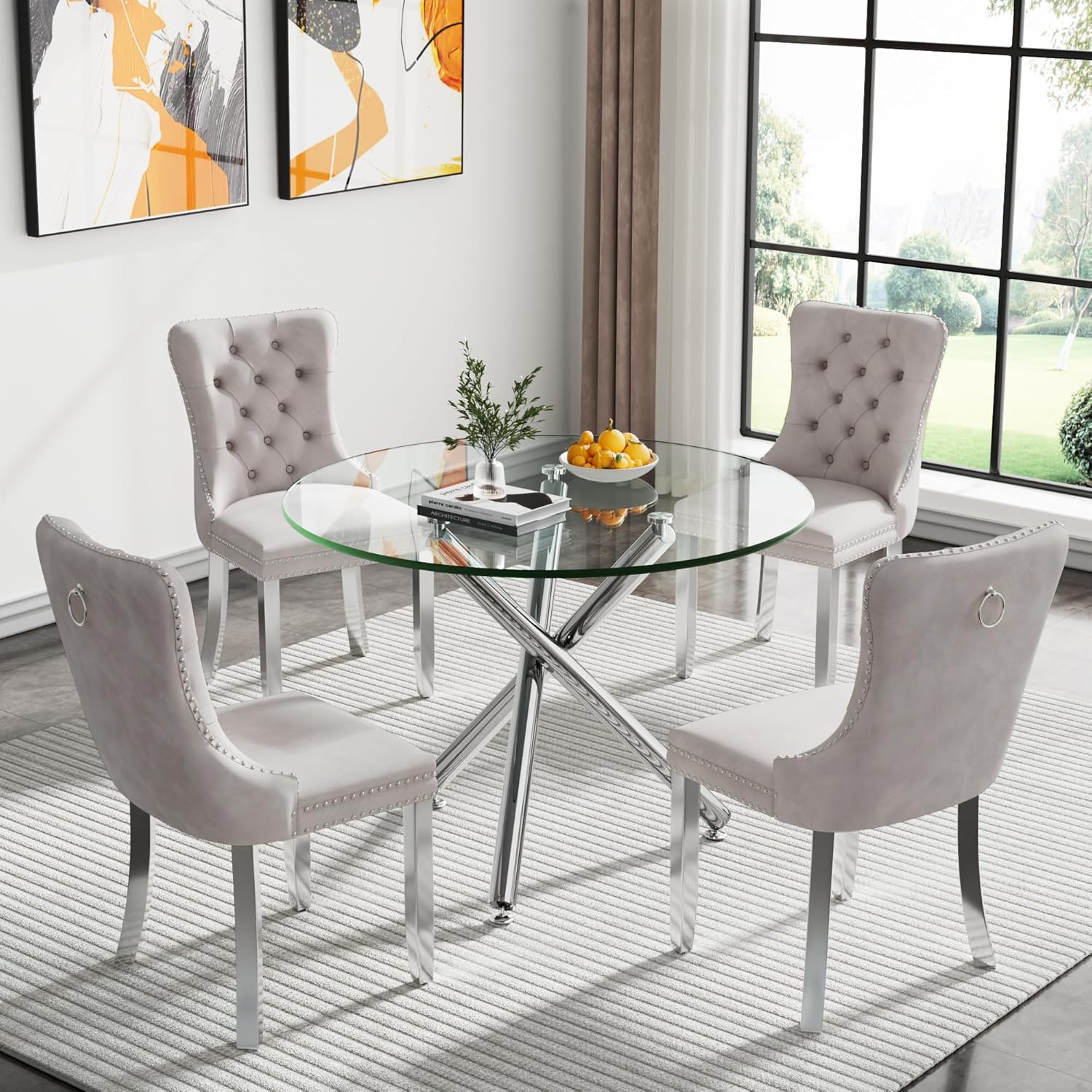 36" Luxury Silver Glass Dining Room Table Set for 4, 5-Piece Round Kitchen Dining Table Set with Cross Metal Legs and 4 Beige Velvet Upholstered Chairs, Glass Kitchen Table and Chairs Set