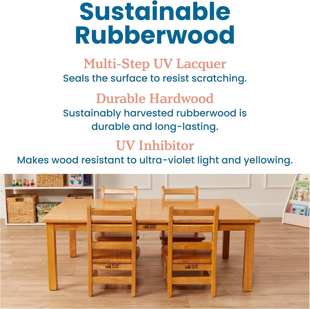 ECR4Kids 30in x 48in Rectangular Hardwood Table with 16in Legs and Four 8in Chairs, Kids Furniture, Honey, 5-Piece | Durable rubberwood, GREENGUARD Gold Certified, ANSI/BIFMA Compliant, 2-3 years, 74 lb seat capacity, classroom & home use