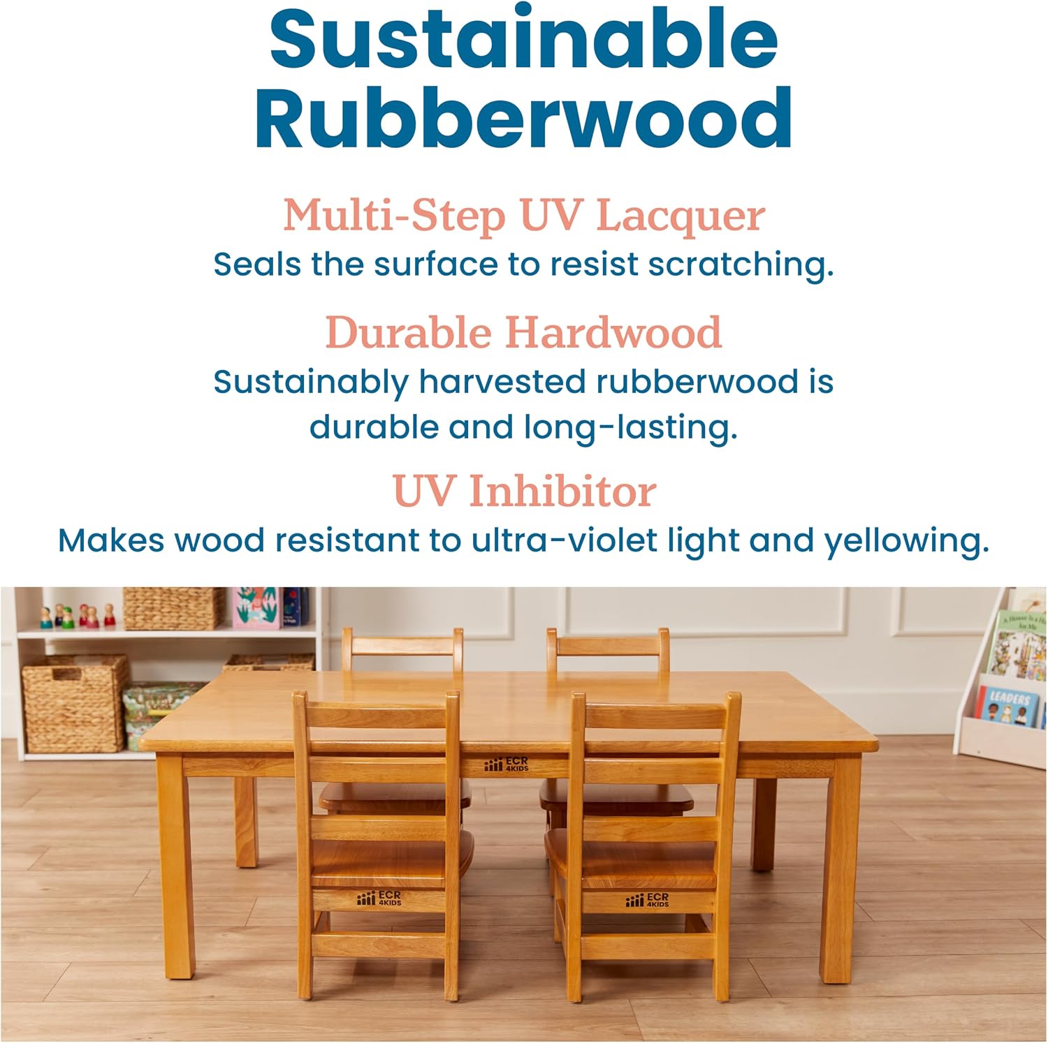 ECR4Kids 30in x 48in Rectangular Hardwood Table with 16in Legs and Four 8in Chairs, Kids Furniture, Honey, 5-Piece | Durable rubberwood, GREENGUARD Gold Certified, ANSI/BIFMA Compliant, 2-3 years, 74 lb seat capacity, classroom & home use
