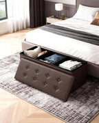 LITZFUR 43" Storage Ottoman Bench, Folding Faux Leather Chest, Brown | Stroage Box with 2 Dividers, Foot Rest Stool, Padded Seat for Bedroom, Entryway, Living Room