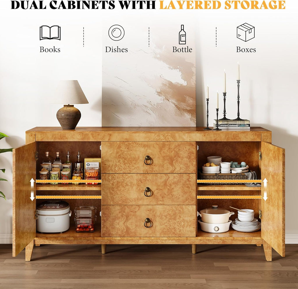 AMERLIFE 60" High Gloss Burl Buffet Sideboard Storage Cabinet, Large Wood Sideboard with Drawers, Retro Handles, Heavy Duty Coffee Wine Bar Buffet Table for Dining Room, Living Room, Yellow