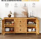 AMERLIFE 60" High Gloss Burl Buffet Sideboard Storage Cabinet, Large Wood Sideboard with Drawers, Retro Handles, Heavy Duty Coffee Wine Bar Buffet Table for Dining Room, Living Room, Yellow