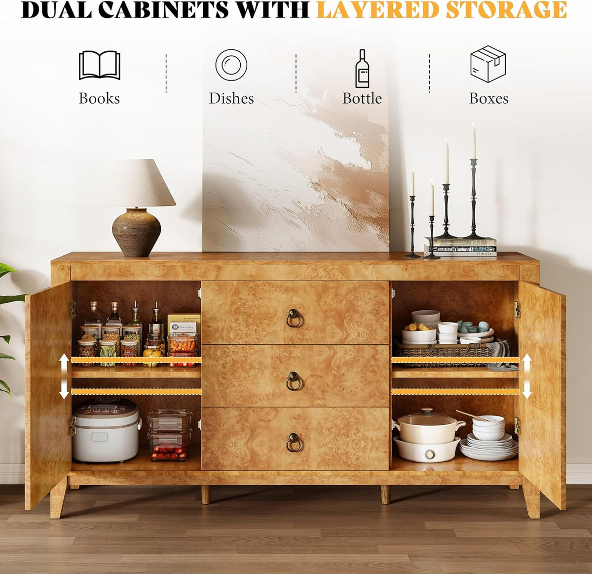 AMERLIFE 60" High Gloss Burl Buffet Sideboard Storage Cabinet, Large Wood Sideboard with Drawers, Retro Handles, Heavy Duty Coffee Wine Bar Buffet Table for Dining Room, Living Room, Yellow