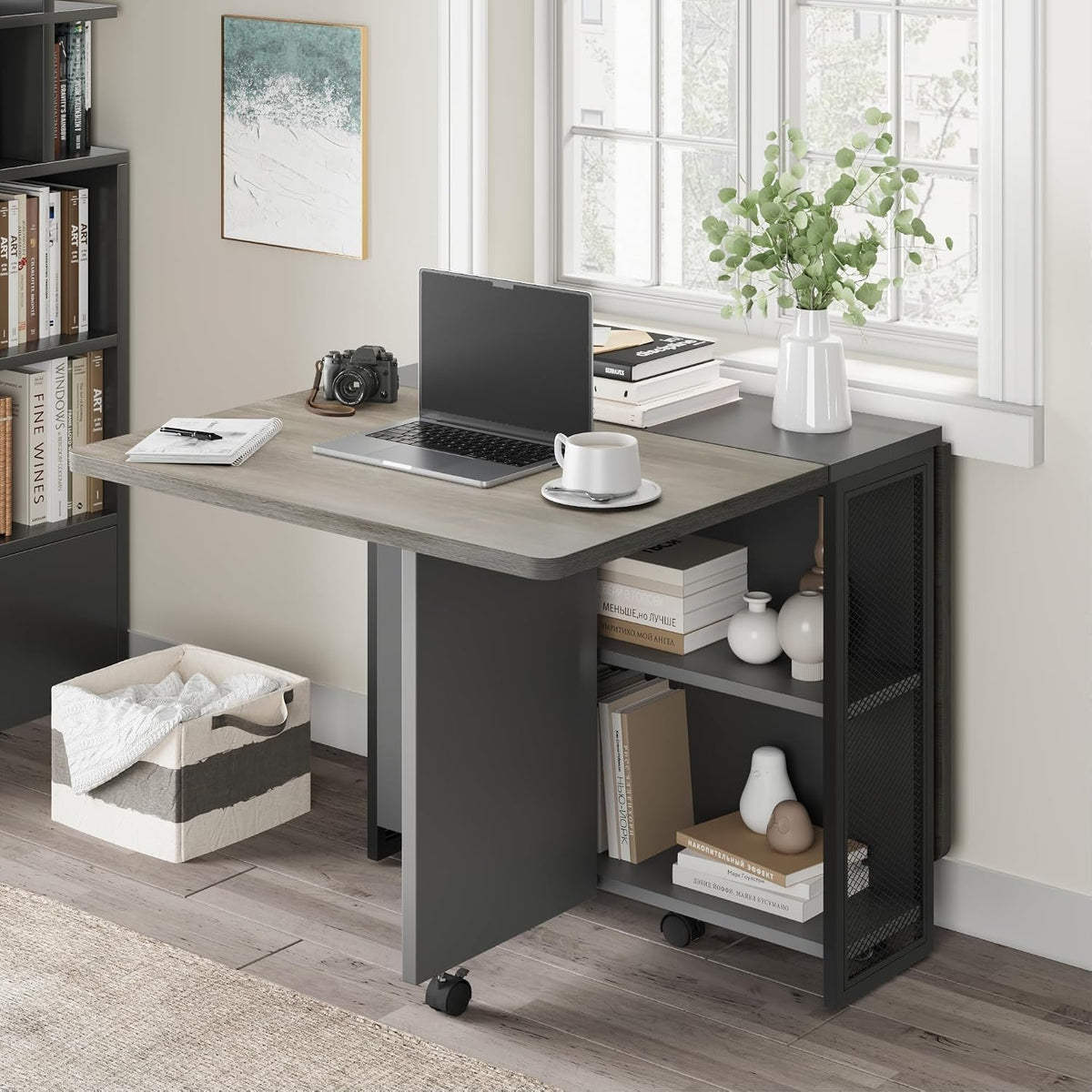IDEALHOUSE FoldingTable, Drop Leaf Dining Table with 6 Wheels and 2-Layer Storage Shelf, Space Saving Table for Small Spaces (Slate Oak, 50.1" D x 31.4" W x 29.5" H)