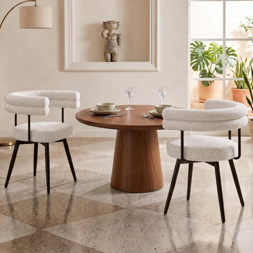AODAILIHB 360° Swivel Boucle Dining Chairs Set of 2,Modern Upholstered Kitchen Chair with Curved Backrest,Armless Dining Chairs with Metal Legs for Dining Room, Vanity, Living Room, White