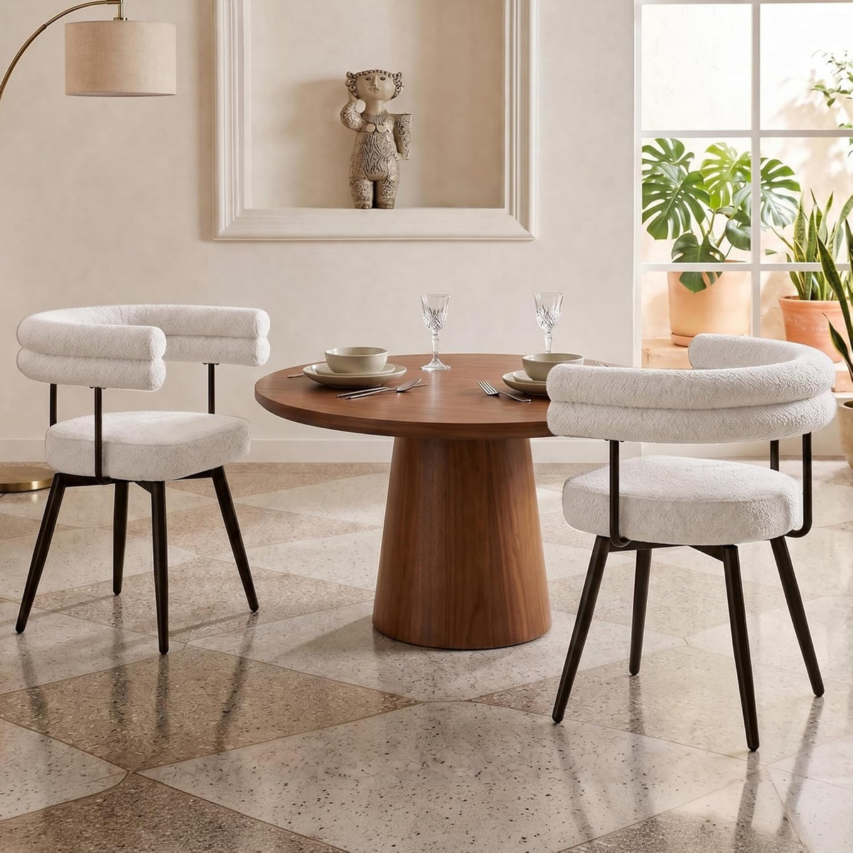 AODAILIHB 360° Swivel Boucle Dining Chairs Set of 2,Modern Upholstered Kitchen Chair with Curved Backrest,Armless Dining Chairs with Metal Legs for Dining Room, Vanity, Living Room, White