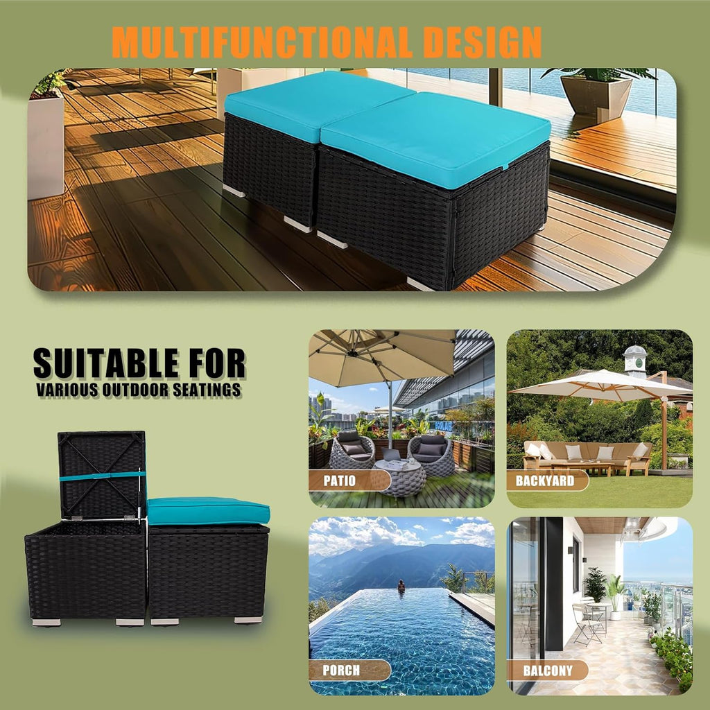 Wicker Outdoor Patio Ottoman - 2 Pack Outdoor Ottomans for Patio, Side Table with Storage, Removable Cushions Square Foot Rest Seating for Patio, Porch, Deck (Black-Blue)