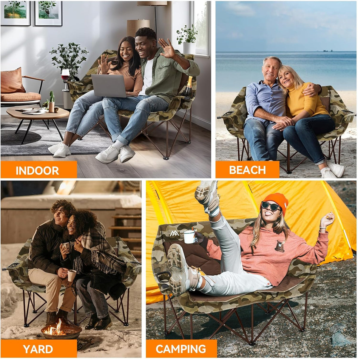 Double Camping Chairs Oversized Loveseat - 2 Person Camping Chair Portable Lawn Folding Chair for Outside Adults - Heavy Duty Outdoor Camping Couch with Cup Hold, Camouflage