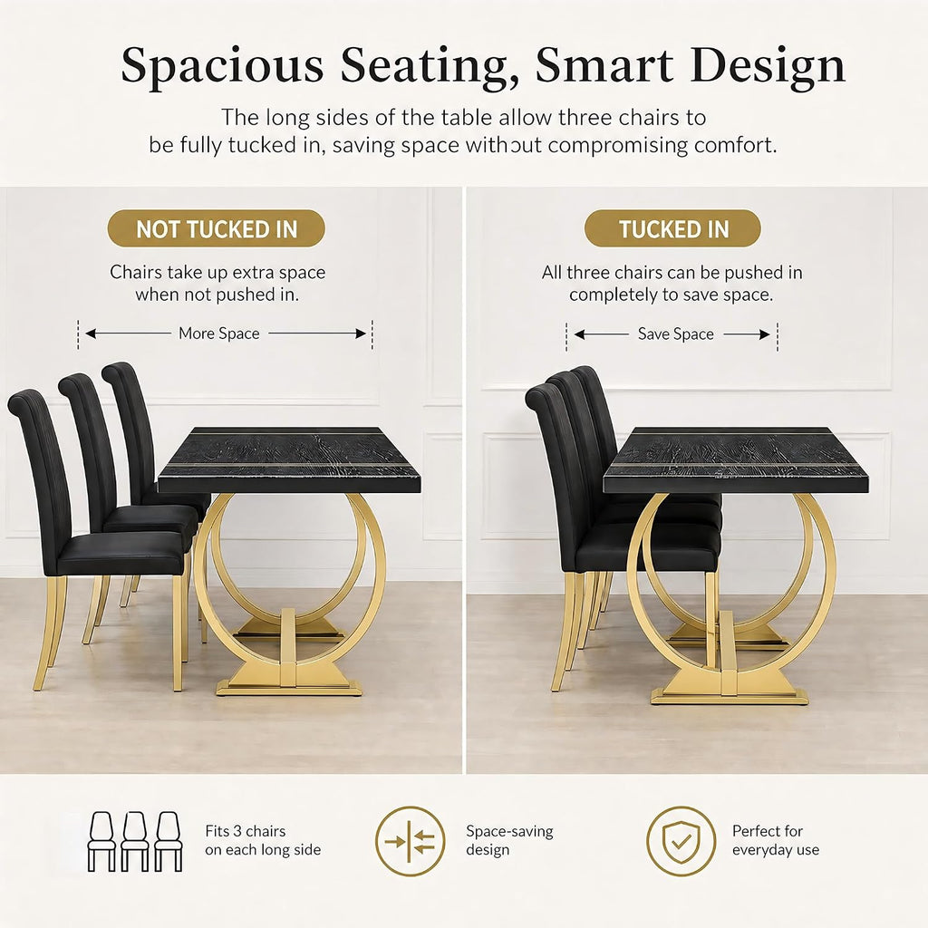 Asday 77" Wooden Dining Table for 6-8, Modern Rectangular Large Kitchen Table with Gold Polished Stainless Steel U-Shaped Base for DiningRoom Kitchen Dinner Home