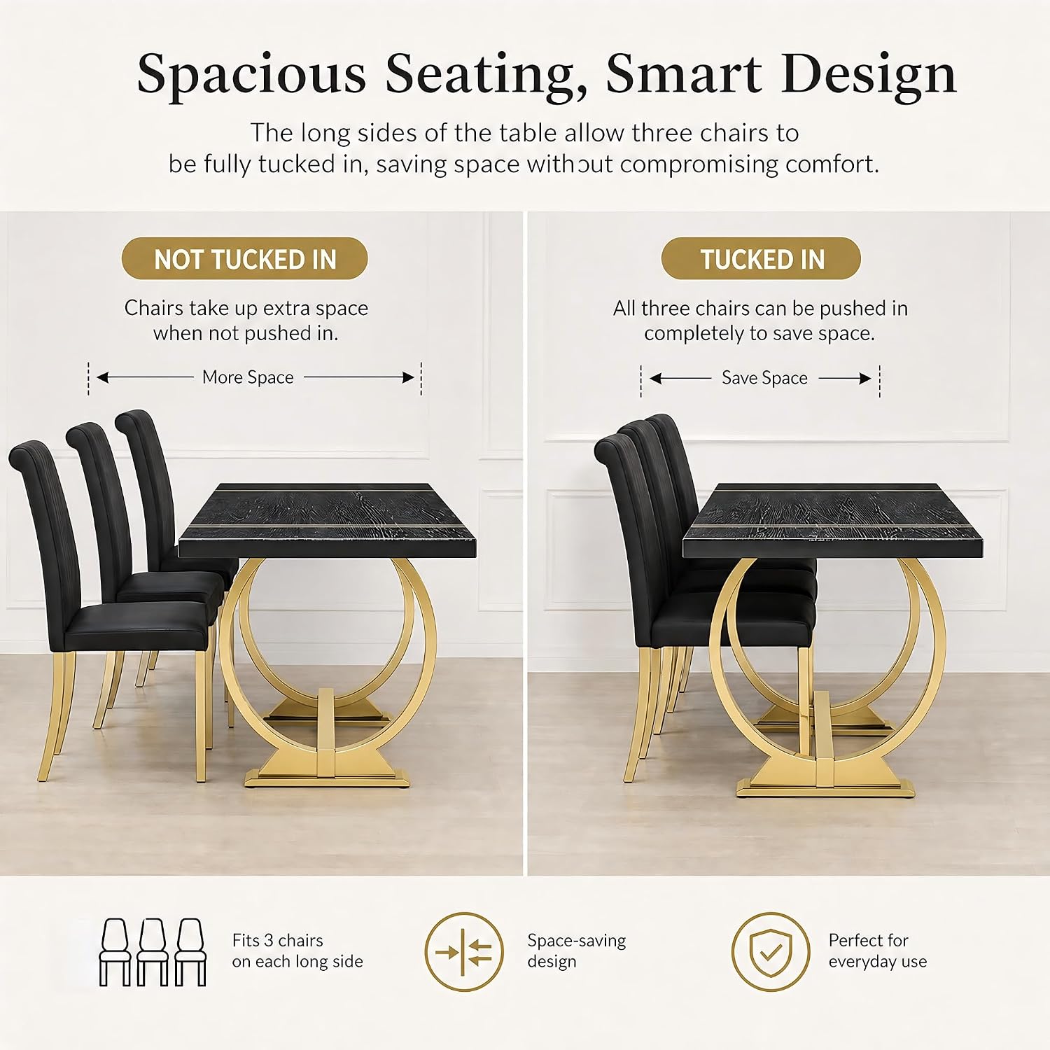 Asday 77" Wooden Dining Table for 6-8, Modern Rectangular Large Kitchen Table with Gold Polished Stainless Steel U-Shaped Base for DiningRoom Kitchen Dinner Home