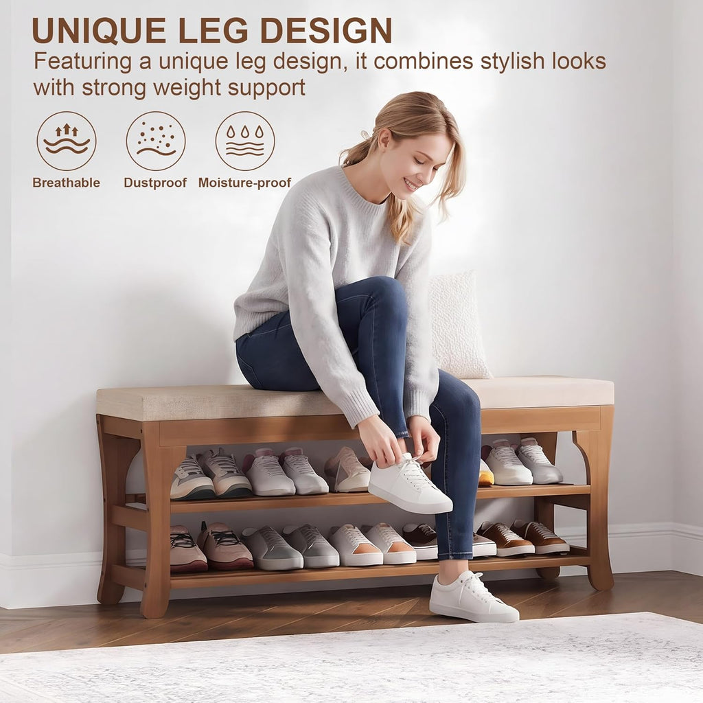 PETKABOO 39.4" Shoe Storage Bench with Cushion, Bamboo Shoe Rack Bench, 2-Tier Entryway Shoe Organizer, Supports up to 380 LB, for Hallway, Bedroom, Closet, Living Room