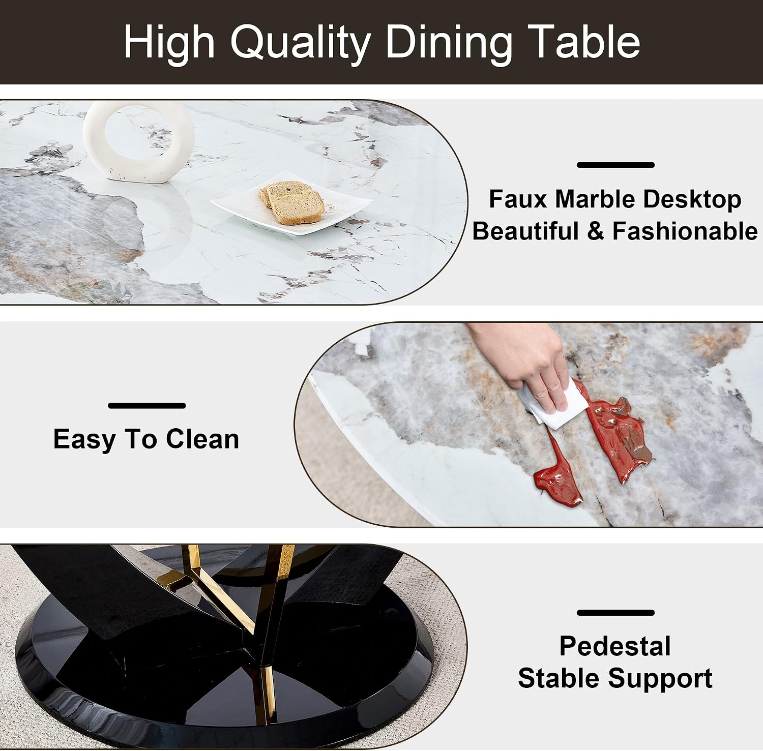 JUFU 48 Inch Round Dining Table for 4 to 6, Faux Marble Look, Modern Circle Kitchen Furniture with Stable Pedestal Base for Apartment, Dining Room, Living Room, Restaurant