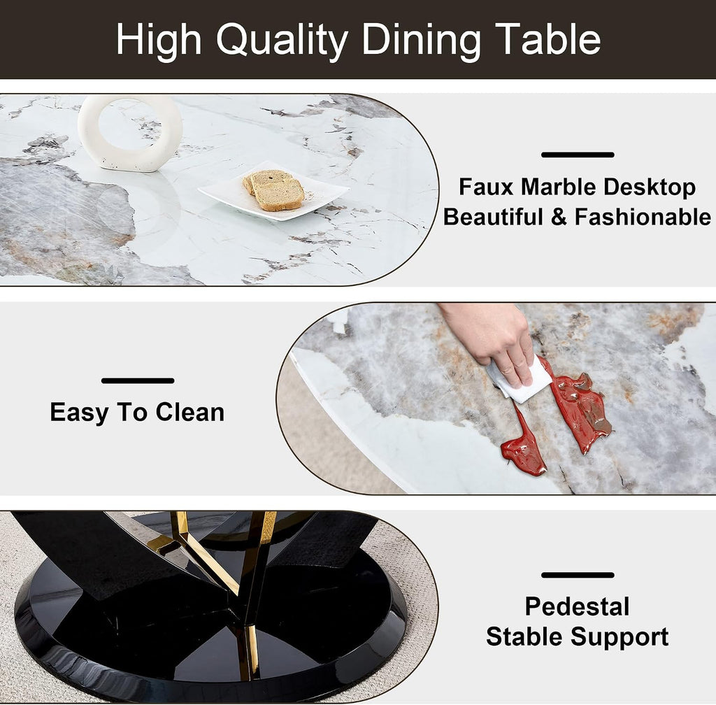 48 Inch Round Dining Table for 4-6, Modern Circle Dining Table with Black & Gold Metal Pedestal Base, Faux Marble Round Kitchen Table, 300 LBS Capacity