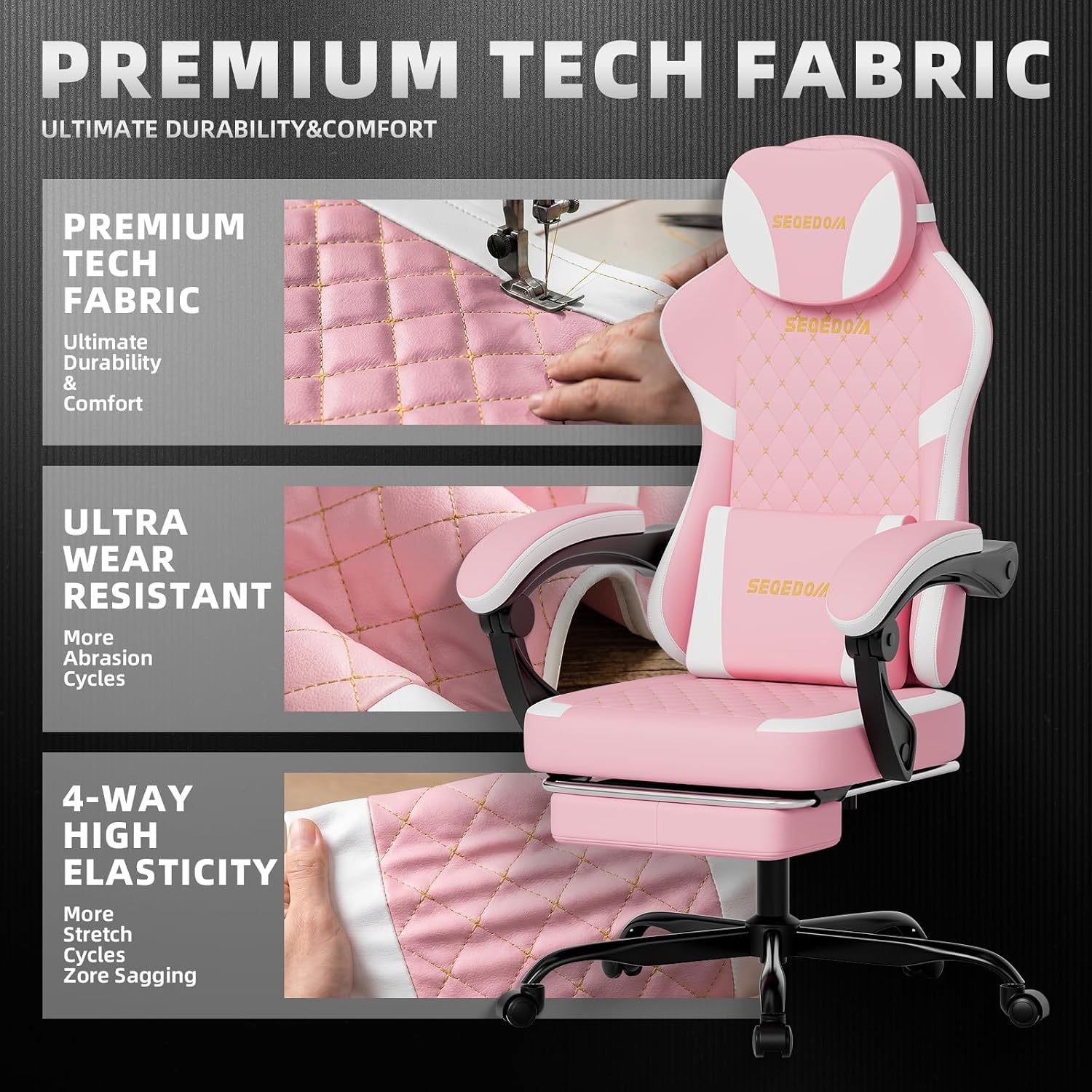 Ergonomic Gaming Chair with Footrest & Massage Lumbar Pillow, Height Adjustable 360° Swivel Computer Chair, Linked Armrest & Headrest for Office Gaming (Pink White)