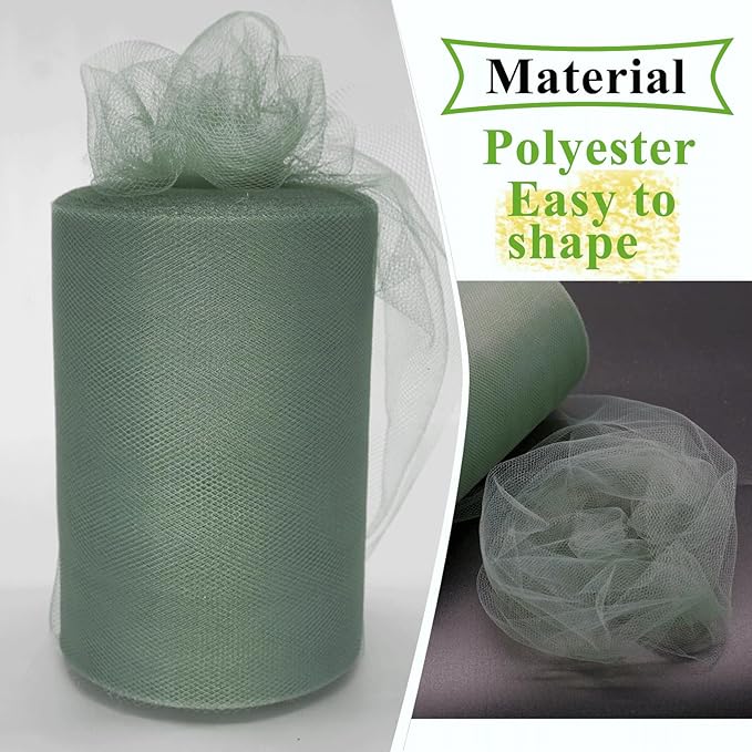 Sage Green Tulle Fabric Rolls 6 Inch by 100 Yards (300 feet) Fabric Spool Tulle Ribbon for DIY Tutu Bow Baby Shower Birthday Party Wedding Decorations Christmas Craft Supplies