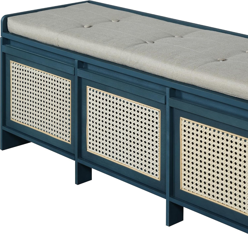 SOFTSEA 48" Shoe Storage Bench with Cushion, 2-Tier Entryway Bench with 3 Rattan Storage Drawers & Lift Top Storage, Retro Shoe Cabinet for Hallway, Bedroom, Living Room, Navy