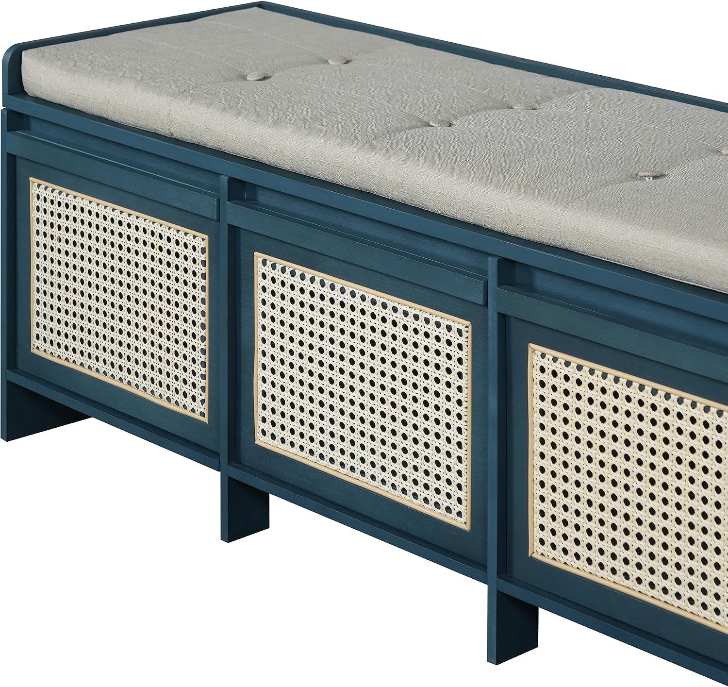 SOFTSEA 48" Shoe Storage Bench with Cushion, 2-Tier Entryway Bench with 3 Rattan Storage Drawers & Lift Top Storage, Retro Shoe Cabinet for Hallway, Bedroom, Living Room, Navy
