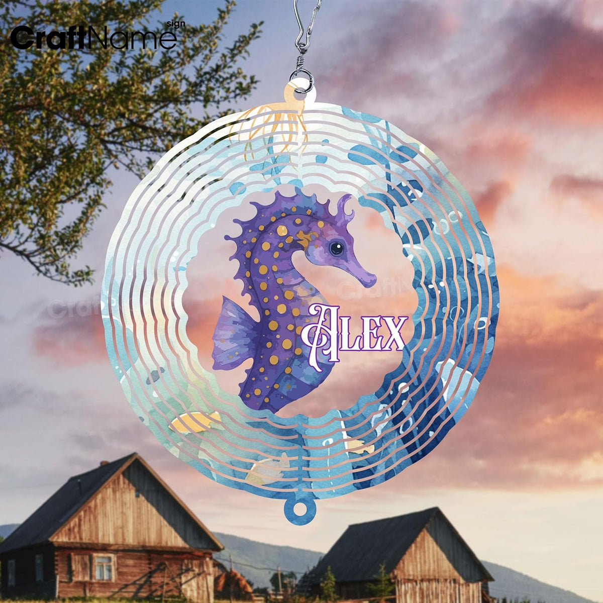 Personalized Hippocampus Wind Spinner 3D Stainless Steel, Hippocampus Garden Spinner Hanging Outdoor Decor, Wind Spinners Outdoor, Custom Gift for Grandmother, Mom, Wife