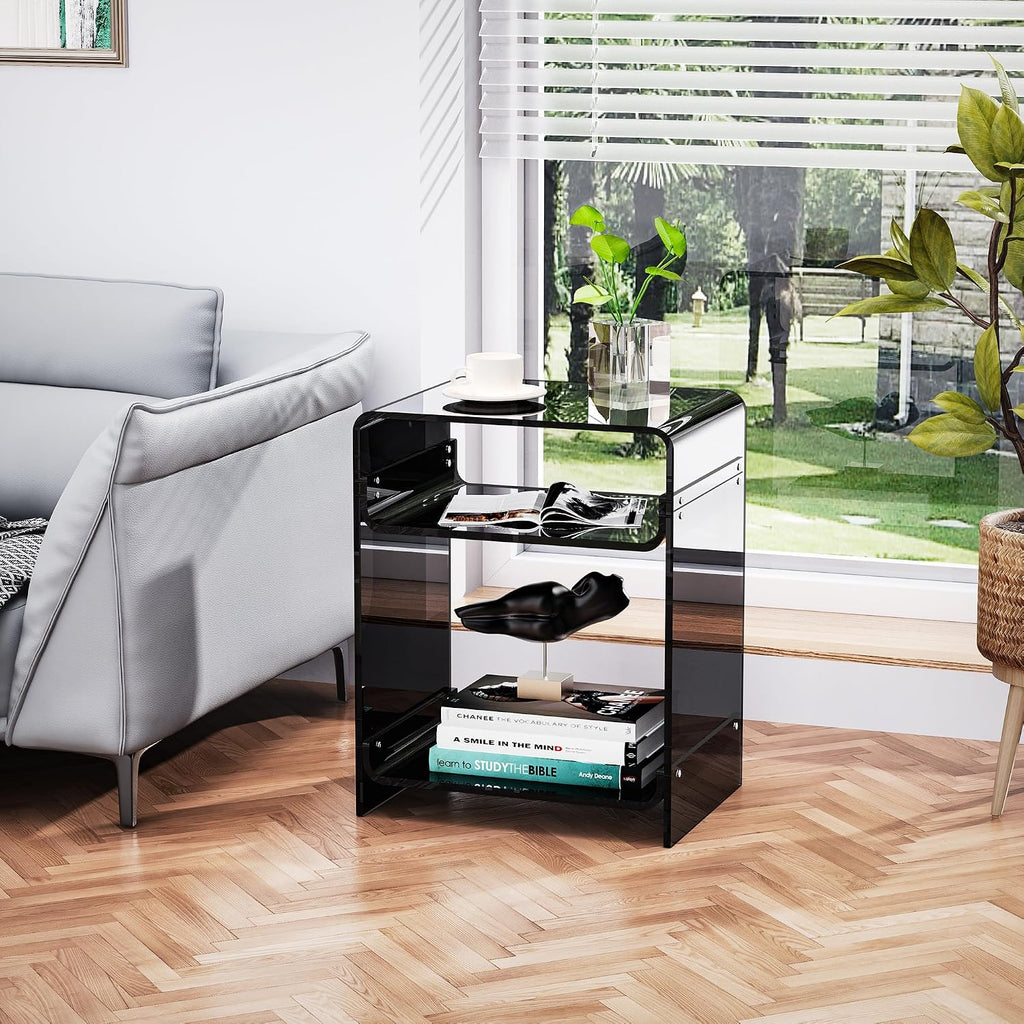 Acrylic End Table Record Player Table with Storage Shelf Clear Side Table Nightstand (Black)
