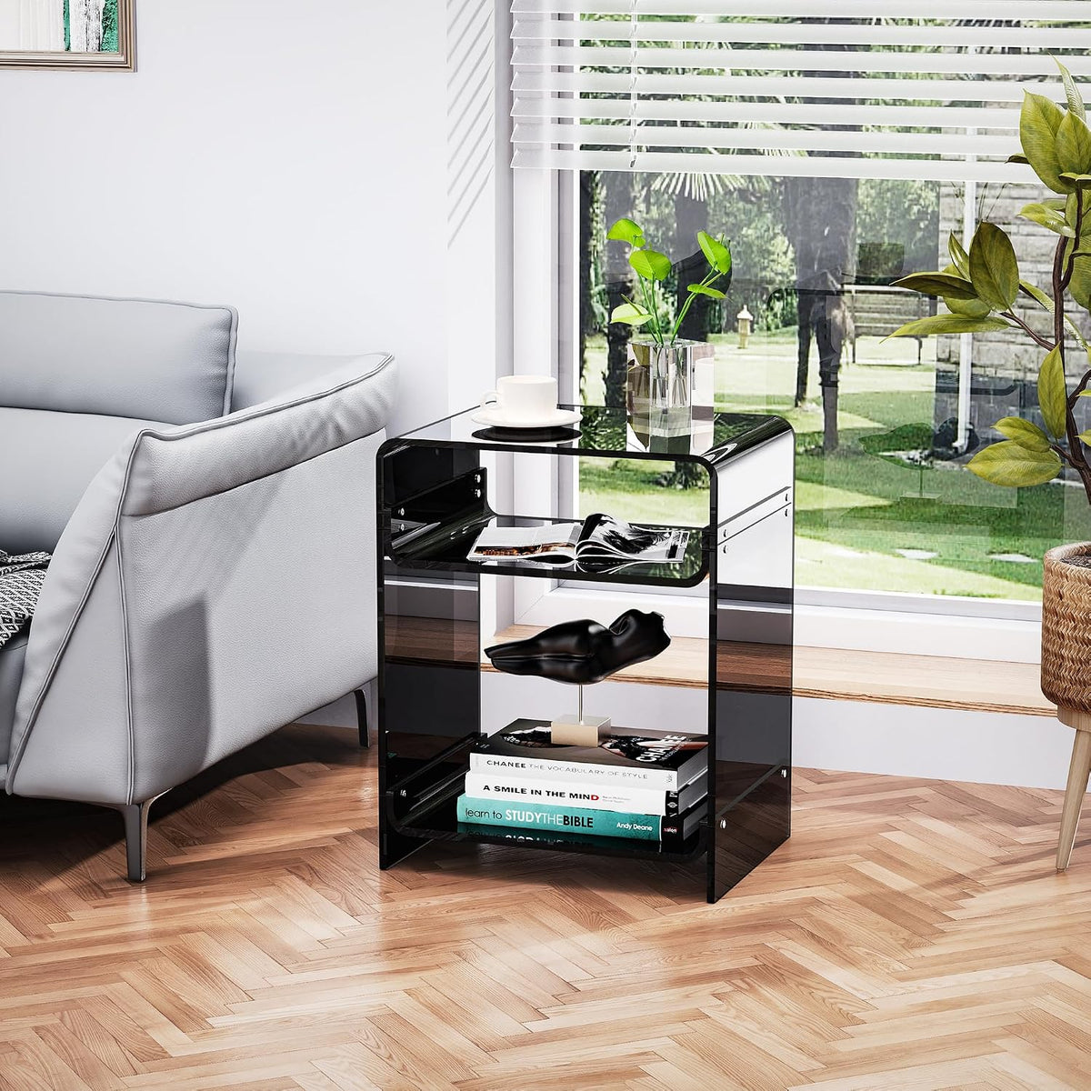 Acrylic End Table Record Player Table with Storage Shelf Clear Side Table Nightstand (Black)