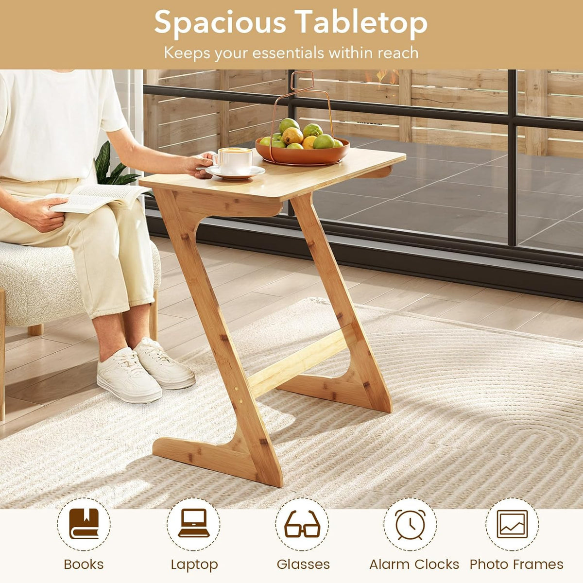GOFLAME Bamboo TV Tray Table, Z Shaped Sofa Side Table for Laptops, Snacks & Drinks, Modern TV Dinner Tray, TV Dinning Tables, Small End Tables for Living Room, Bedroom, Natural