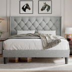 iPormis Queen Size Platform Bed Frame with Button Tufted Headboard, Upholstered Bed Frame with Solid Wooden Slats, 8" Underbed Space, No Box Spring Needed, Noise Free, Easy Assembly, Light Gray