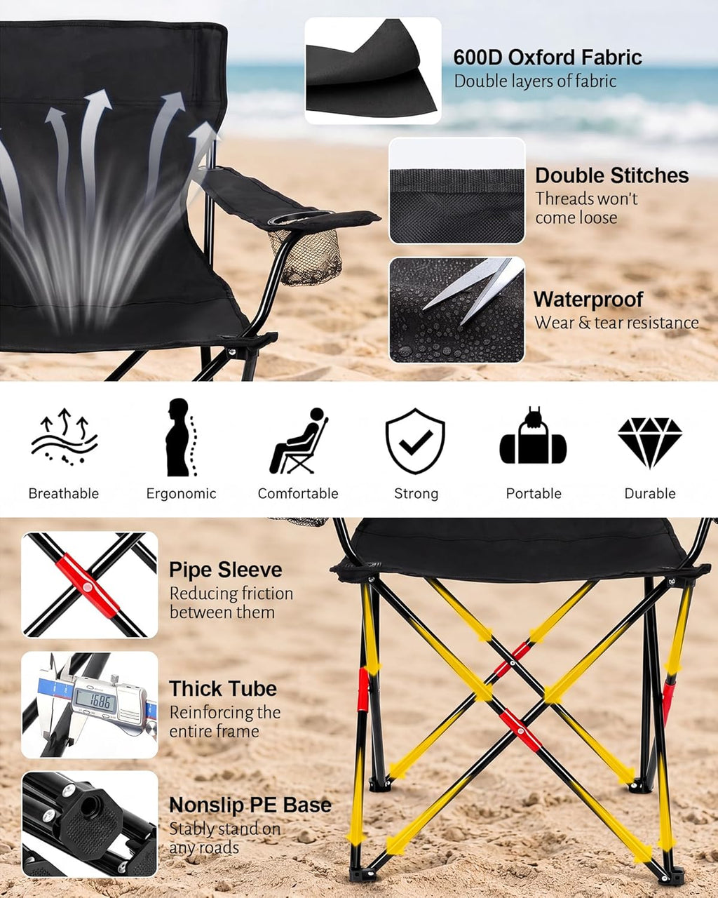 2PCS Camping Chairs with Detachable Umbrella, HaSteeL Folding Beach Chair for Adults, Large Portable Foldable Chair for Outdoors Fishing Hiking Travel Picnic Lawn, Supports 275lbs, Storage Bags, Black