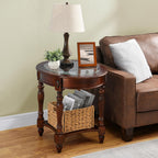 Vintage Solid Wood Oval End Table with Tempered Glass Top, 28"x24" Side Table with Carved Edge, Cherry Walnut Finish for Living Room