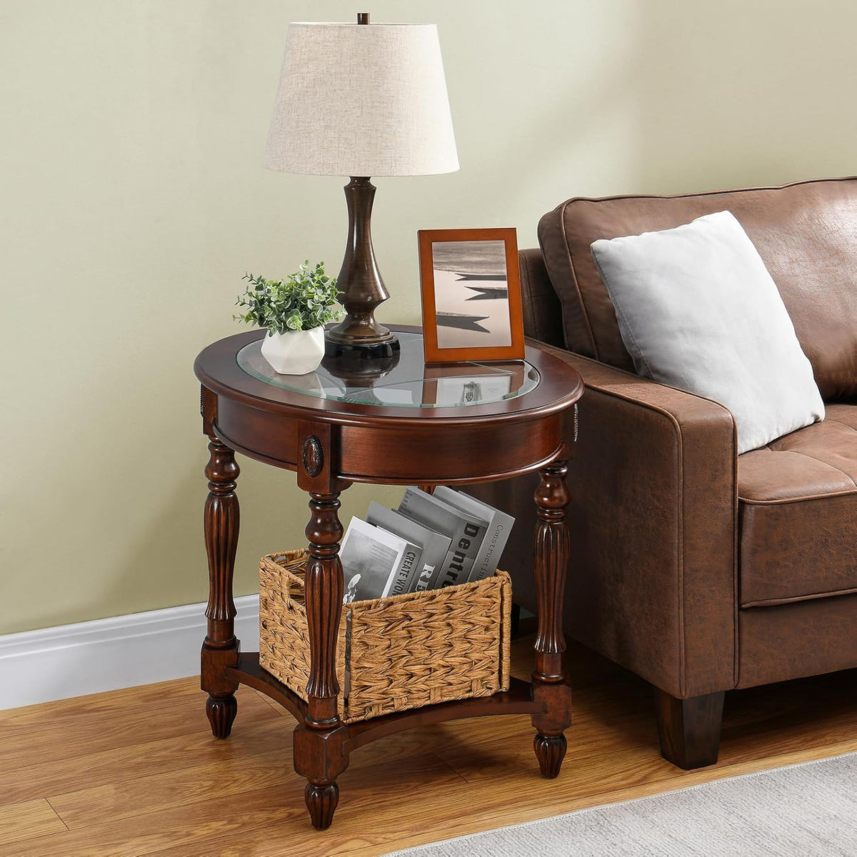 Vintage Solid Wood Oval End Table with Tempered Glass Top, 28"x24" Side Table with Carved Edge, Cherry Walnut Finish for Living Room