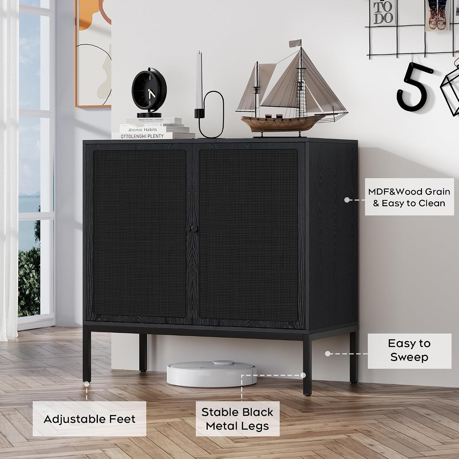 Brafab Black Sideboard Buffet Cabinet with Natural Rattan Decorated Doors, 31.5" W Rattan Credenza Storage Cabinet, Boho Cabinet for Living Room, Entryway, Dining Room/Square Doors