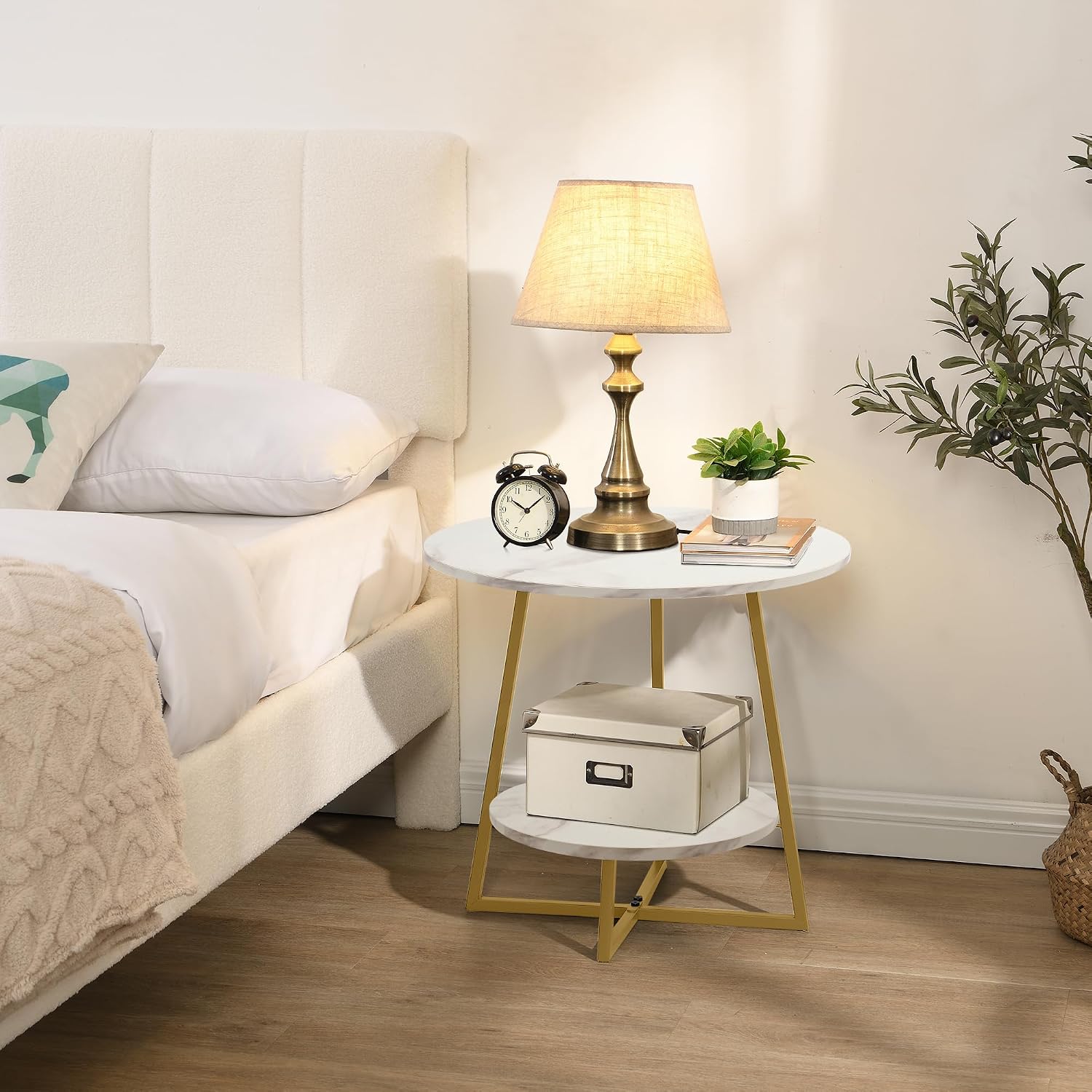 D&H FURNIMMT 20" Living Room Side Table Set of 2 for Small Spaces, 2 Tier Wood Top Round End Tables with Storage Shelf, Accent Sofa Table for Bedroom, Office, Sunroom, Balcony, White Faux Marble/Gold